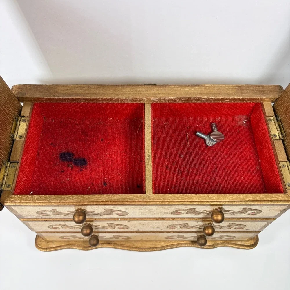 1970s Florentine Style Wooden Music Jewelry Chest Box Japan Love Story